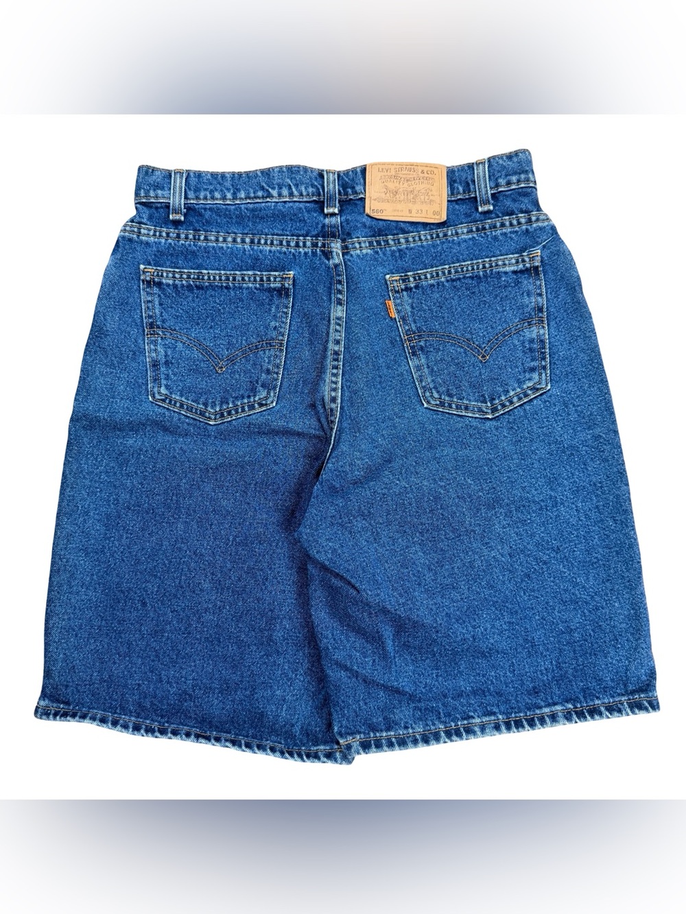 Vintage 90s Levi’s 560 Orange Tab Dark Wash Blue Jean Jort Shorts Size 33